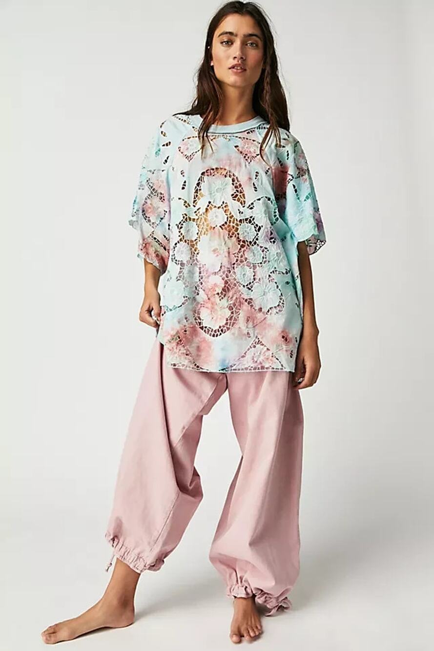 Free People Sunrise Tee Top sz Lg Oversize Blue Pastel Lace Tie Dye Boho Large